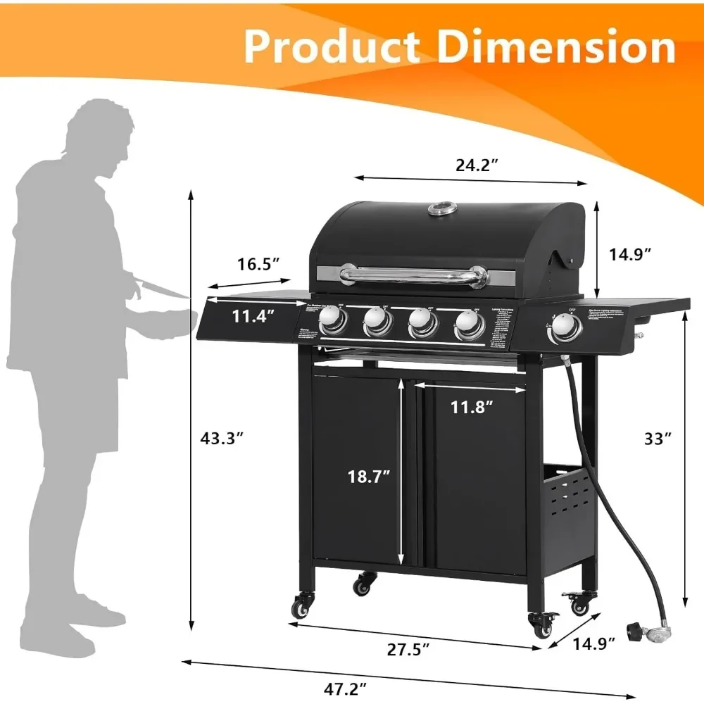 4 Burner Extra Large BBQ Grill, Side Burner and Wheels, Cast Iron Cooking Grate, Outdoor Cooking Grill