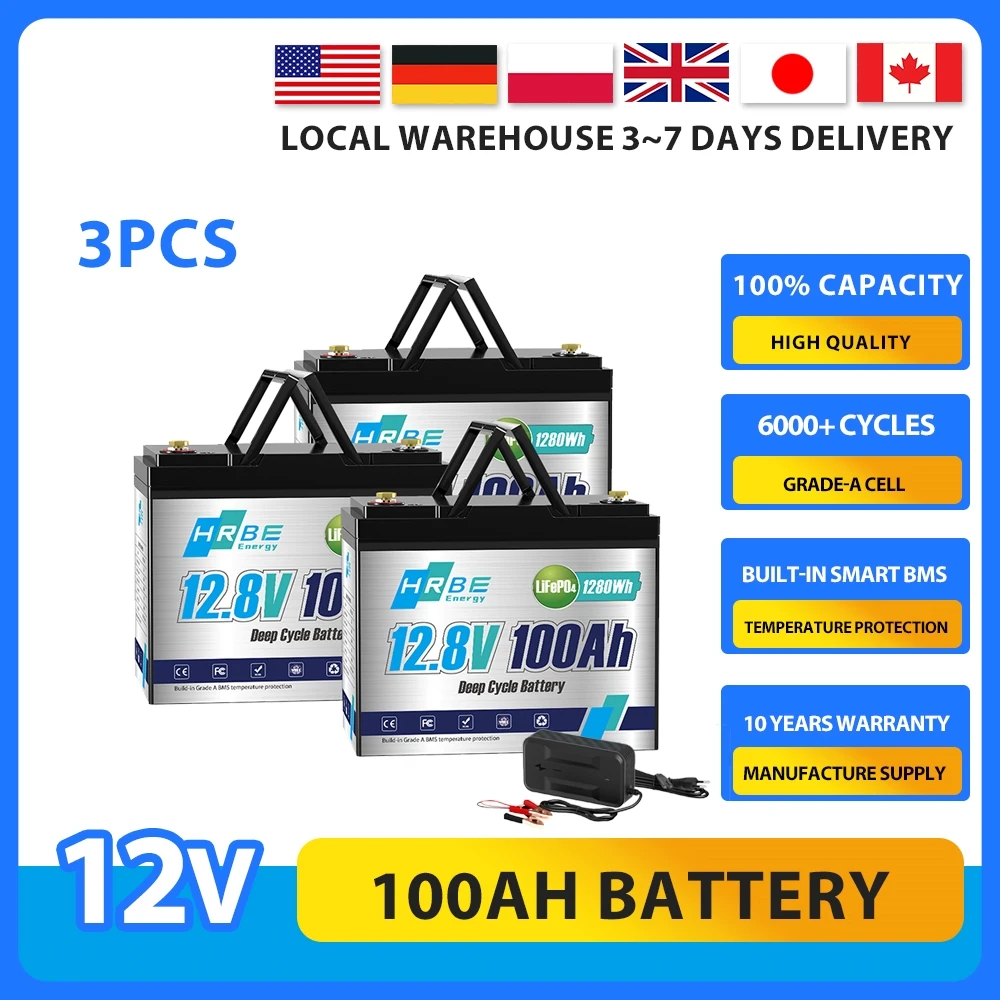 3Pack Lithium Battery 12V 100Ah LiFePO4 Battery Built in BMS 6000+ cycles for Motorhome Solar System RV