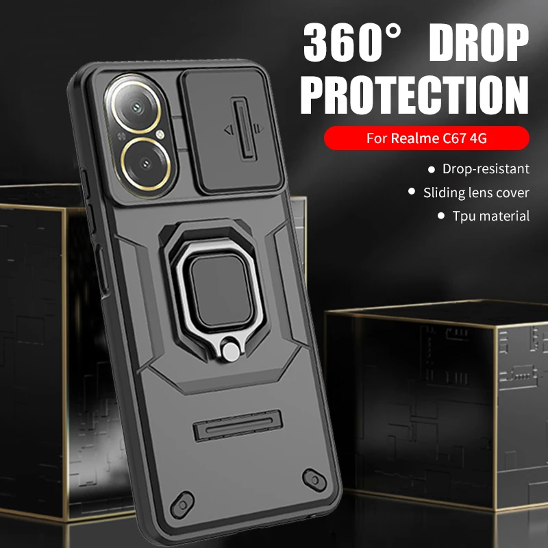 Estojo magnético com suporte anel para Realme, capa de proteção de lente de janela, estojo anti-queda para Realme C67, 4G, RealmeC67, C 67, Realmy Realmi 67C