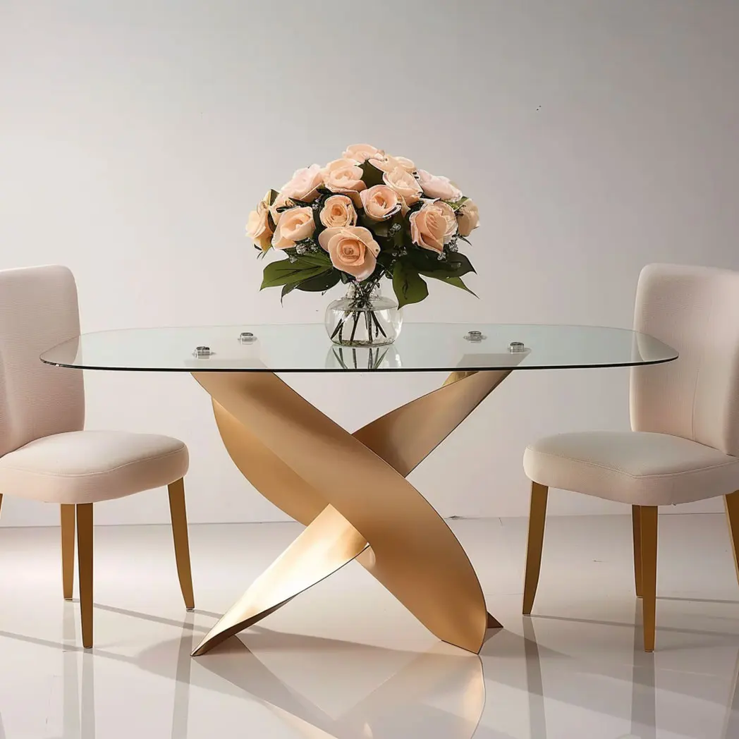 

io-Modern Wedding Dining Round Table with Glass Top and Golden Twisted Base for Elegant Event Decor^