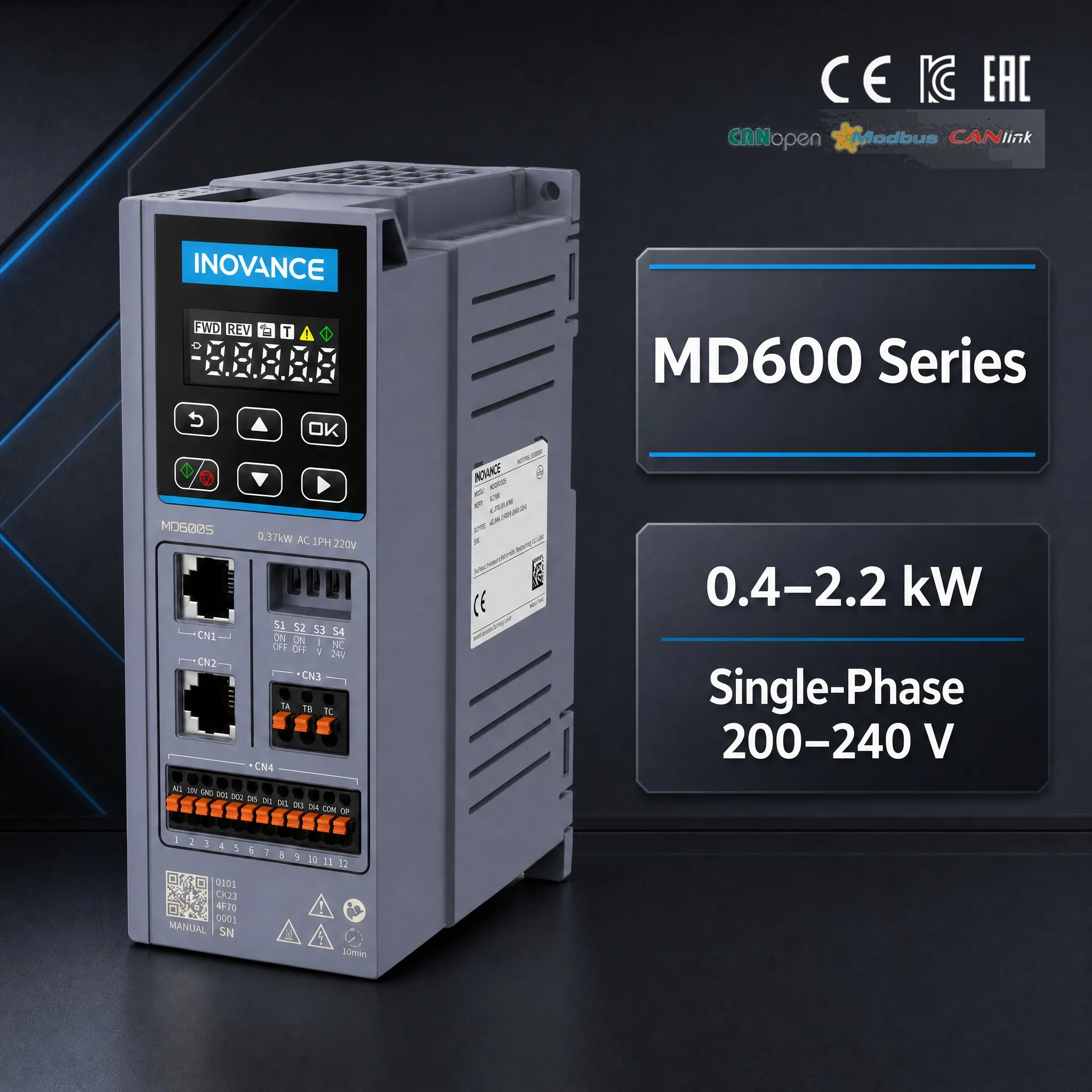 MD600 INOVANCE General-Purpose Compact AC Drive Single-Phase 200V to 240V 0.4-2.2kW for Simple Fans and Water Pumps