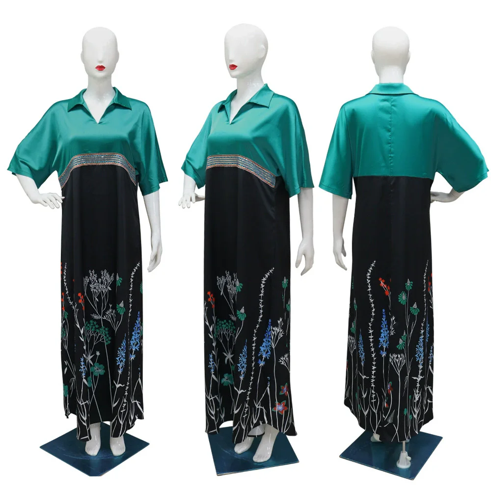 ล่าสุดดูไบมุสลิมผ้าฝ้าย Dashiki ฤดูร้อนผู้หญิงหลวม Maxi Robe ดอกไม้กระเป๋า Femme Musulmane ชุดแอฟริกัน Abaya