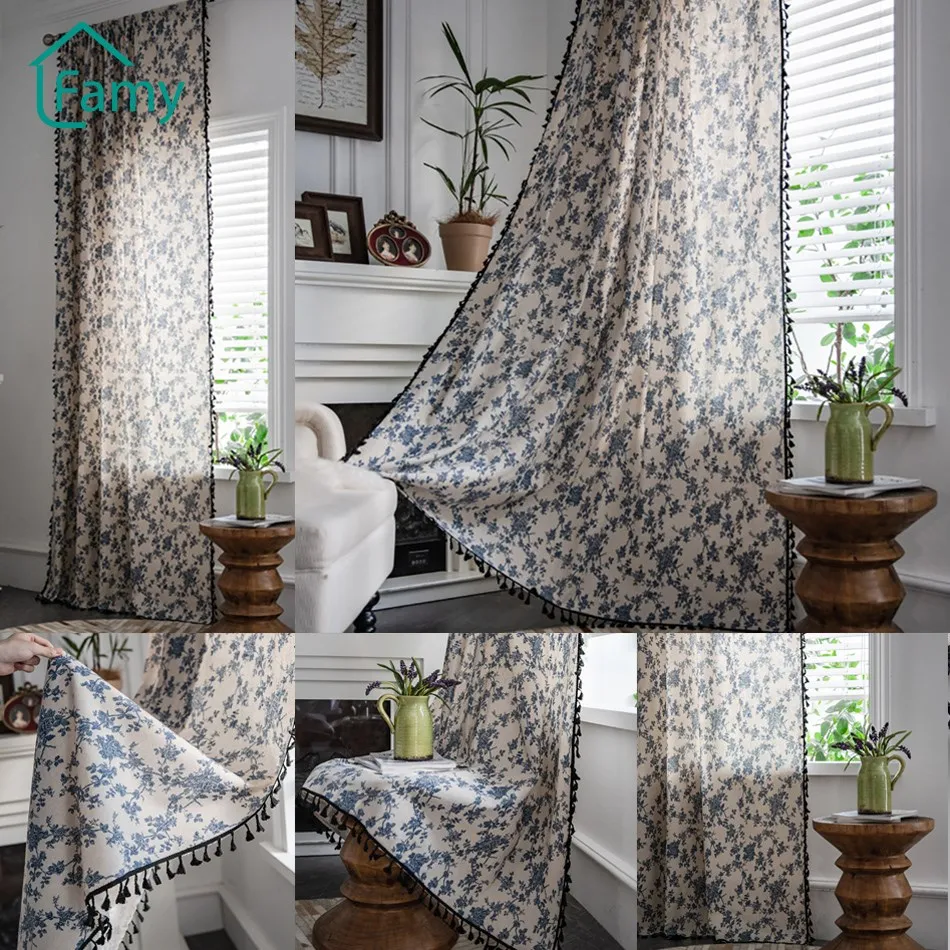 

Semi-Blackout Curtains Boho Floral Print Curtains for Living Room Bedroom Kitchen Cotton Linen with Tassels Window Treatment