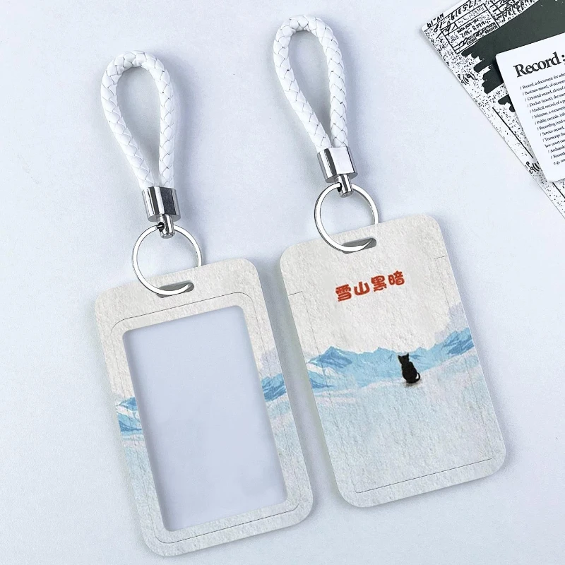 

Snowy Mountain Black Cat Credit ID Card Badge Bag Vertical High Value Card Holder Men Work Credential Case Gift with Lanyard