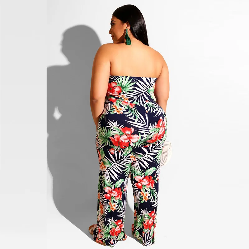 Plus size feminino 5xl macacões floral folha imprimir uma peça outfit 2022 verão casual sem mangas macacão atacado calças largas perna