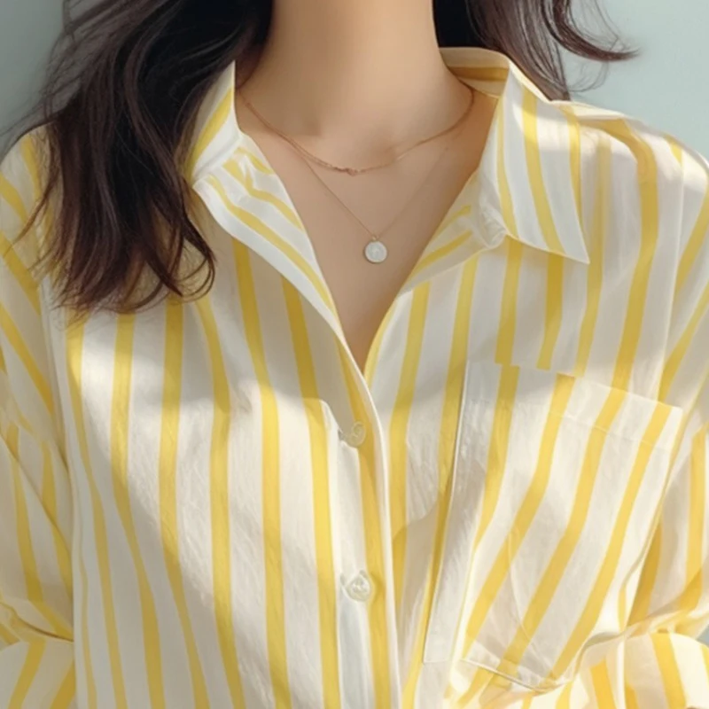 Yellow and White Sweet Vertical Striped Shirt Long Sleeve for Women Seaside Sunscreen Shirt Casual Women\'s New Shirt Wear