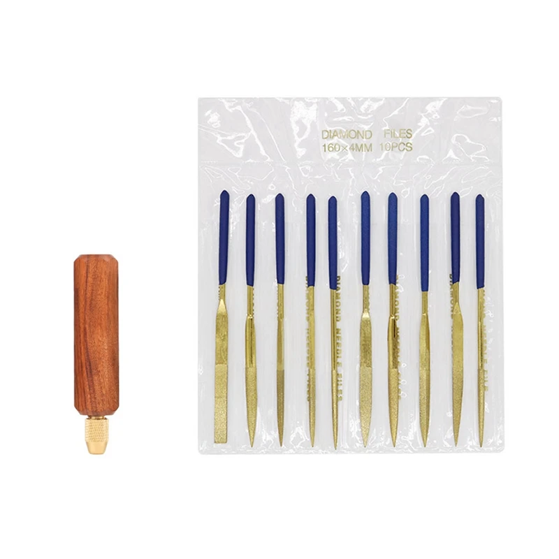 WCS-Manico in legno massello Maniglia in legno con ramo acido Lima diamantata placcata in titanio Maniglia per lima piccola con lima da 10 pezzi