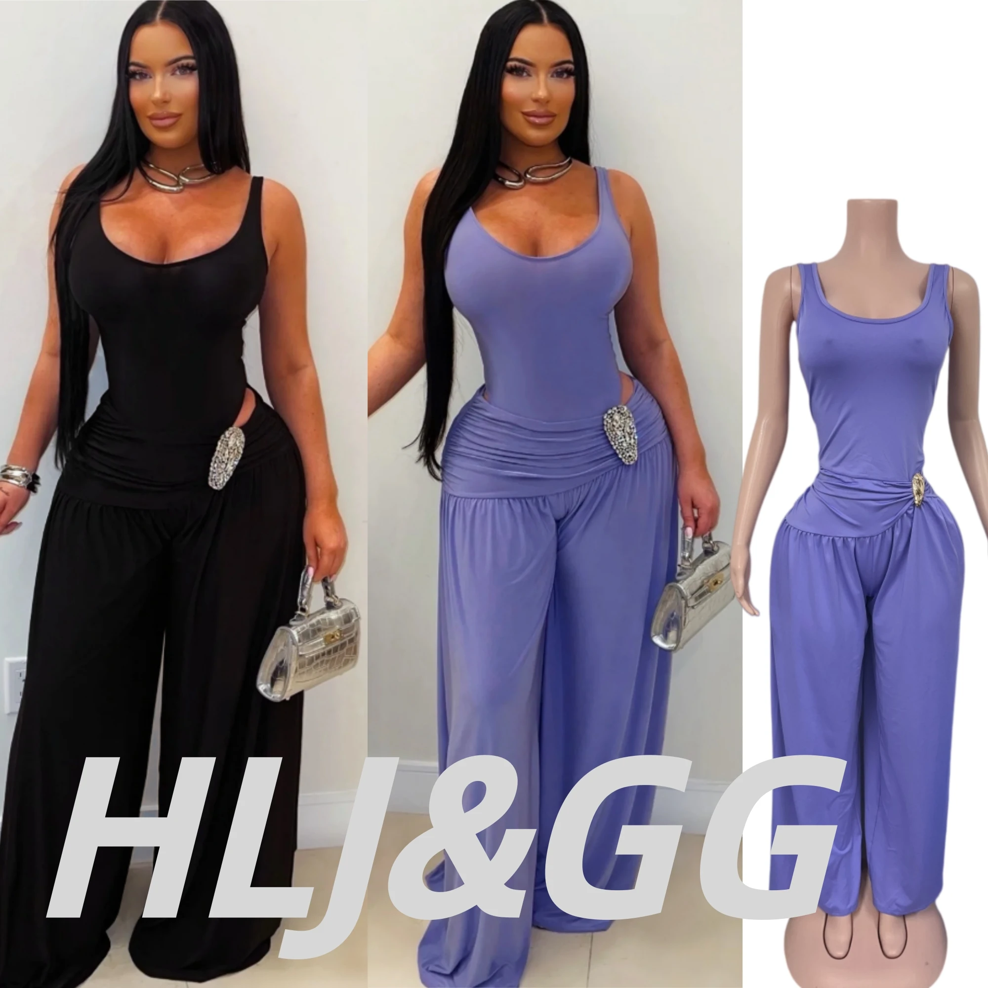HLJ Women 2 Piece Outfits U Neck Sleeveless Tank Tops Ruched High Waist Wide Leg Pants Set Casual Elegant Daily Matching Suits