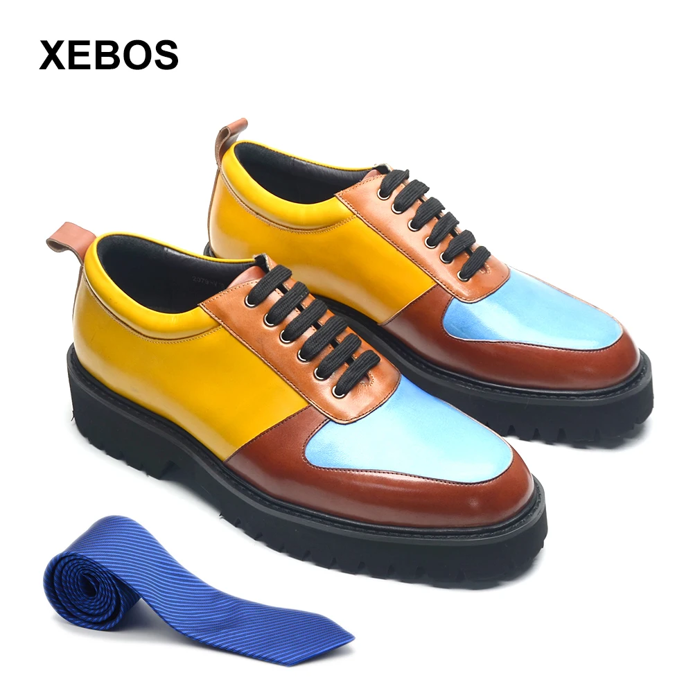 Soft Chunky Sole Mens Elevator Casual Shoes Genuine Leather Height Increasing Oxford Sneakers Fashion Colorblock Shoes for Men