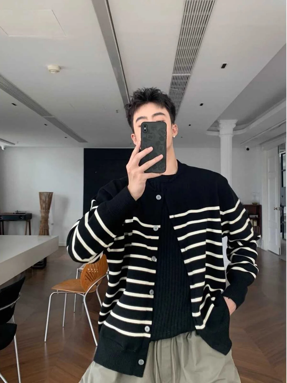 

Classic American Striped Knitted Cardigan Casual Long Sve ex Autumn Sweater Jaet Trendy Lazy Sle Versatile Outerwear