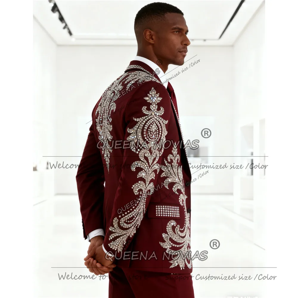 

Brilliant Beaded Stones Groom Wedding Suits 2 Pieces Peak Label Prom Blazers Customized Man Tuxedo Banquet Party Attire Outfits
