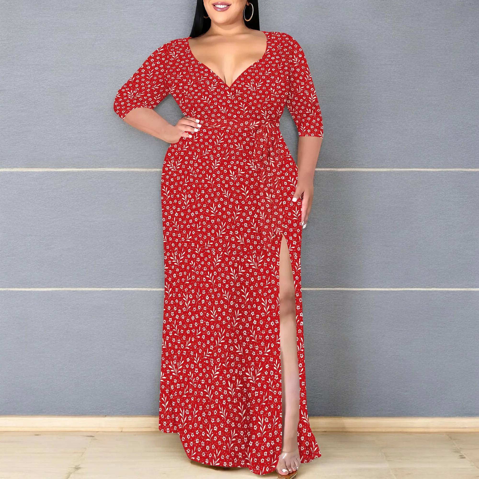 

Women's Floral Print Boho Dress Long Sleeve Wrap V Neck Ruffle Belted Flowy Maxi Dresses