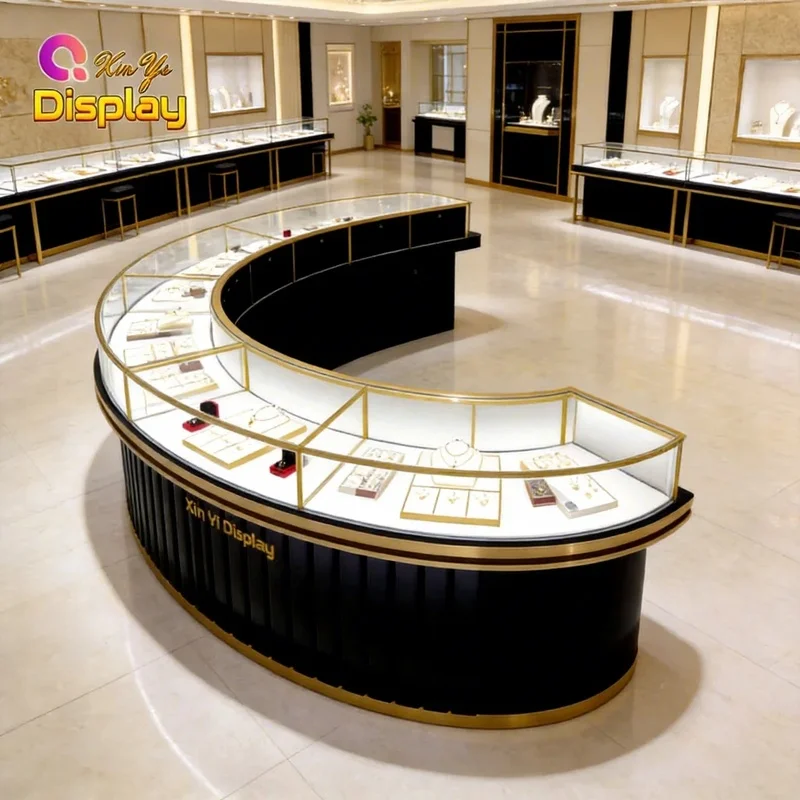 custom.Luxury Modern Glass LED Eco-Friendly Recyclable Jewelry Display Showcase Heavy Duty Aluminium Frame Jewelry Showroom