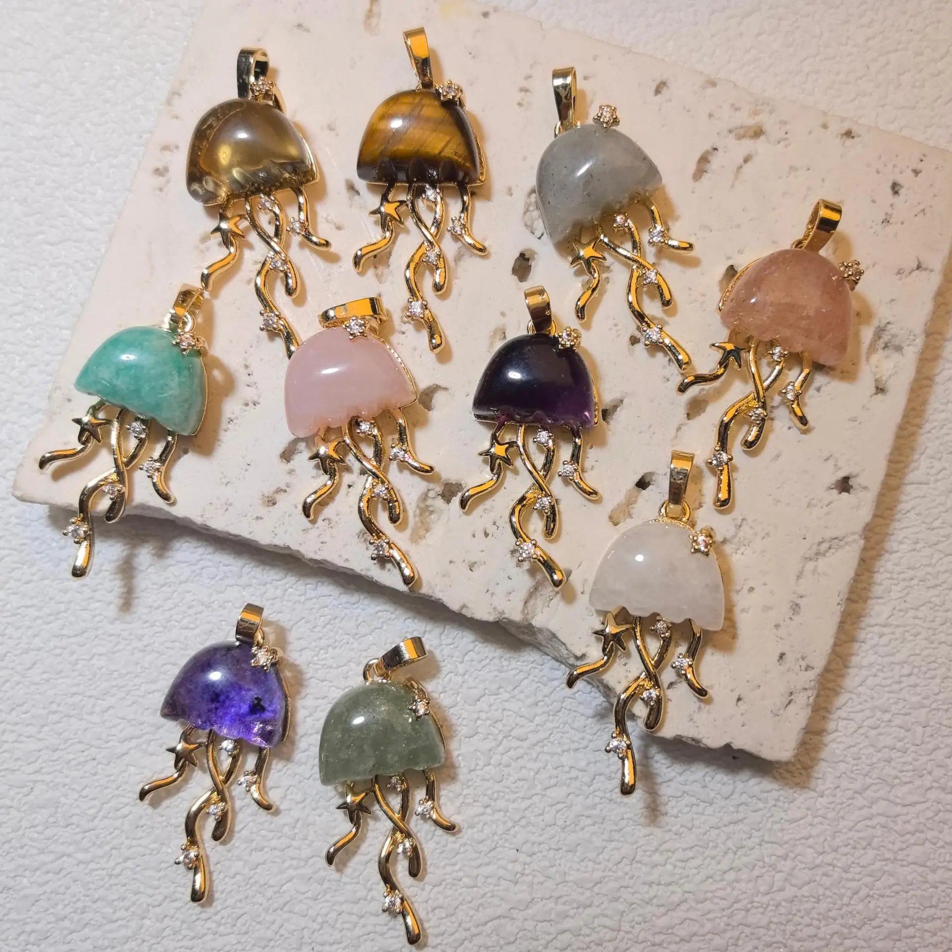 3pcs Marine Animal Jellyfish Color 3D Natural Stone Pendants Handmade Zircon Star Charms DIY Necklace Jewelry Making Findings