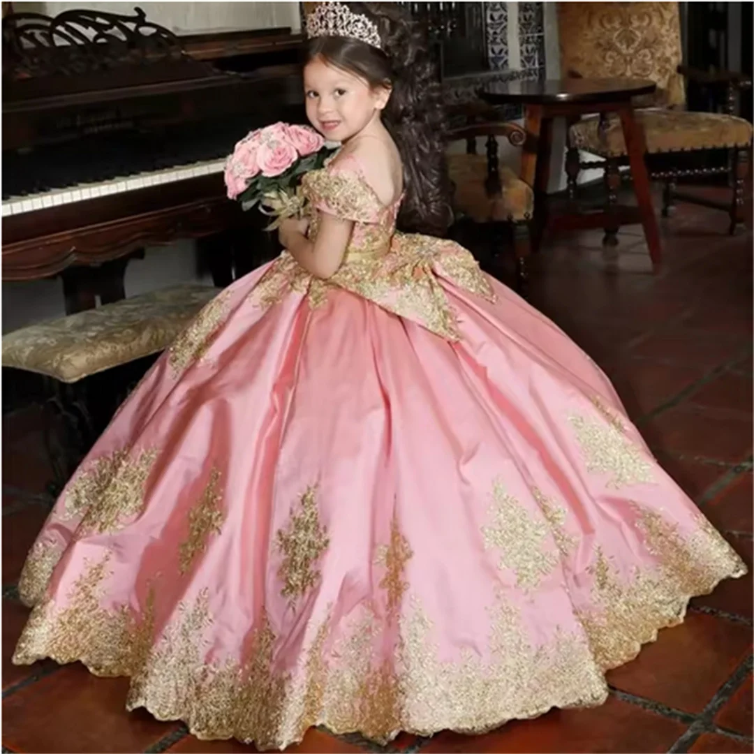 

Wedding Gold Pink Flower Girls Dress for Applique Off Shoulder Satin Girls Pageant Dresses Kids Gala Dress