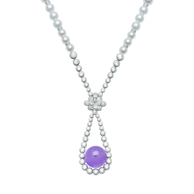 

CAMEO Pendant Chain 925 Silver Artificial Pearl Necklace Purple Chalcedony Round Fashion White Full Diamond Flower Necklace