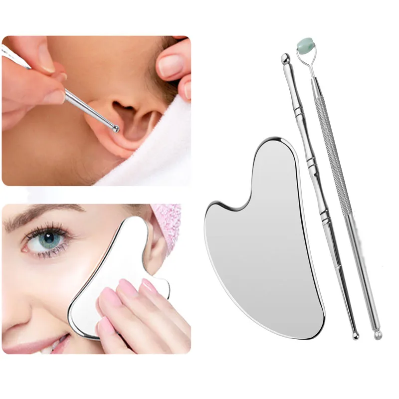 3 قطعة/المجموعة تدليك الوجه رفع أدوات الفولاذ المقاوم للصدأ غوا شا مجلس الطبيعية اليشم الأسطوانة العين مدلك الأذن نقطة الوخز قلم تدليك #1