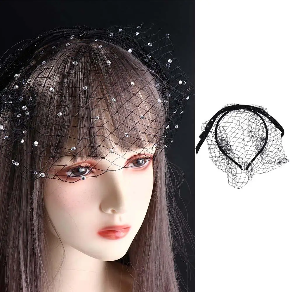 

Cute Black Mesh Bow Headband Cloth Princess Bride Veil Hair Hoop Bowknot Hairband Rhinestone Headband Female