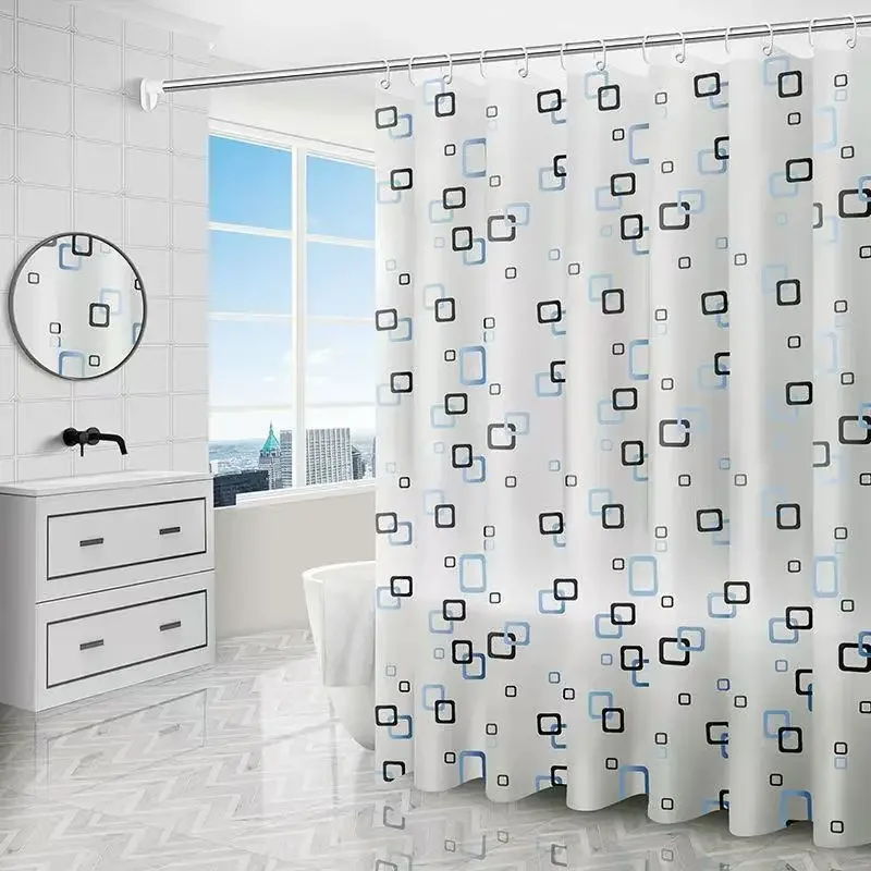 

Shower Curtains Small Square Print Waterproof PEVA Material Bathroom Partition Curtain Quick Dry Modern Style with Hooks 200cm