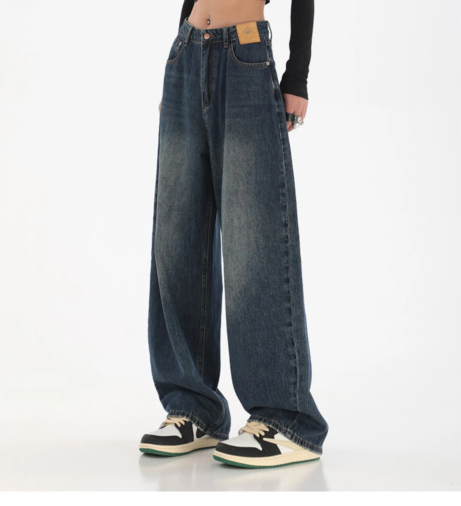 Femme taille haute coupe ajustée jambe large jean femme haute rue Y2k 2025 pantalons décontractés dame mode noir bleu pantalon en Denim ample