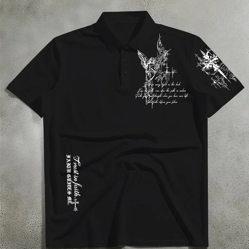 New Men's POLO Casual Style Angel Image Fused with Dark Font Print Summer New Item Suitable for Both Men and Women