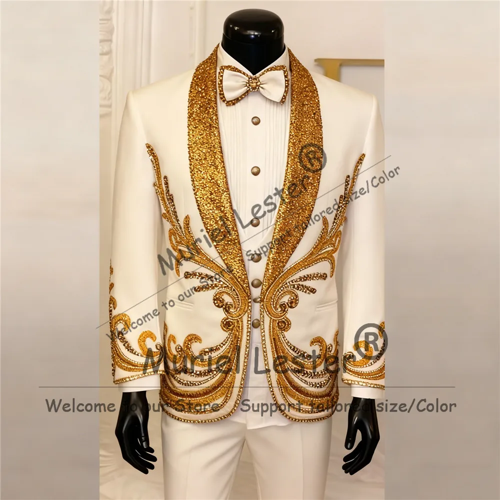 Gold Beads Crystals Suit Men Sparkly Sequined Lapel Prom Blazers Outfits Slim Fit 2 Piece Set Groom Wedding Tuxedos Customized