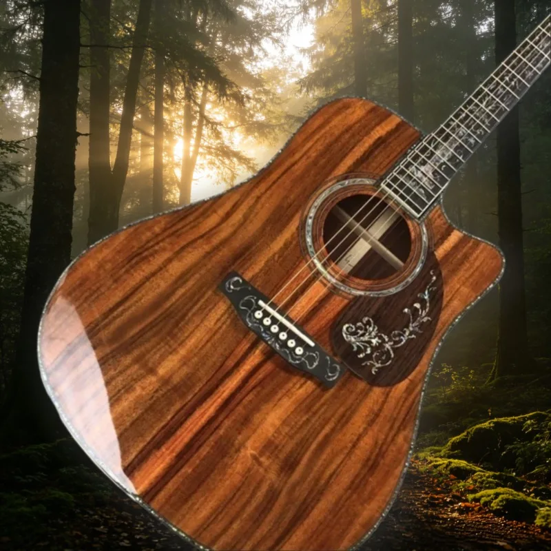 Hot Sales D45 Style Cutaway 6 String All Koa Acoustic Guitar Gloss Finish Vine Inlay Beginner Folk Pop Unisex Guitar