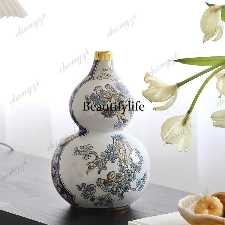 A4567New Chinese style happy twisted flowers hand-painted underglaze ceramic gourd flower utensils, art ornaments for gifts