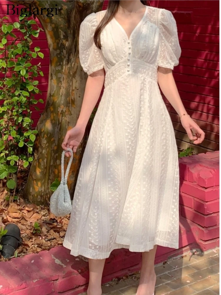 

Summer Korean Style Dress Women Embroidery Fashion Slim High Waist Ladies V-Neck Dresses Ruffle Pleated Loose Woman Dress