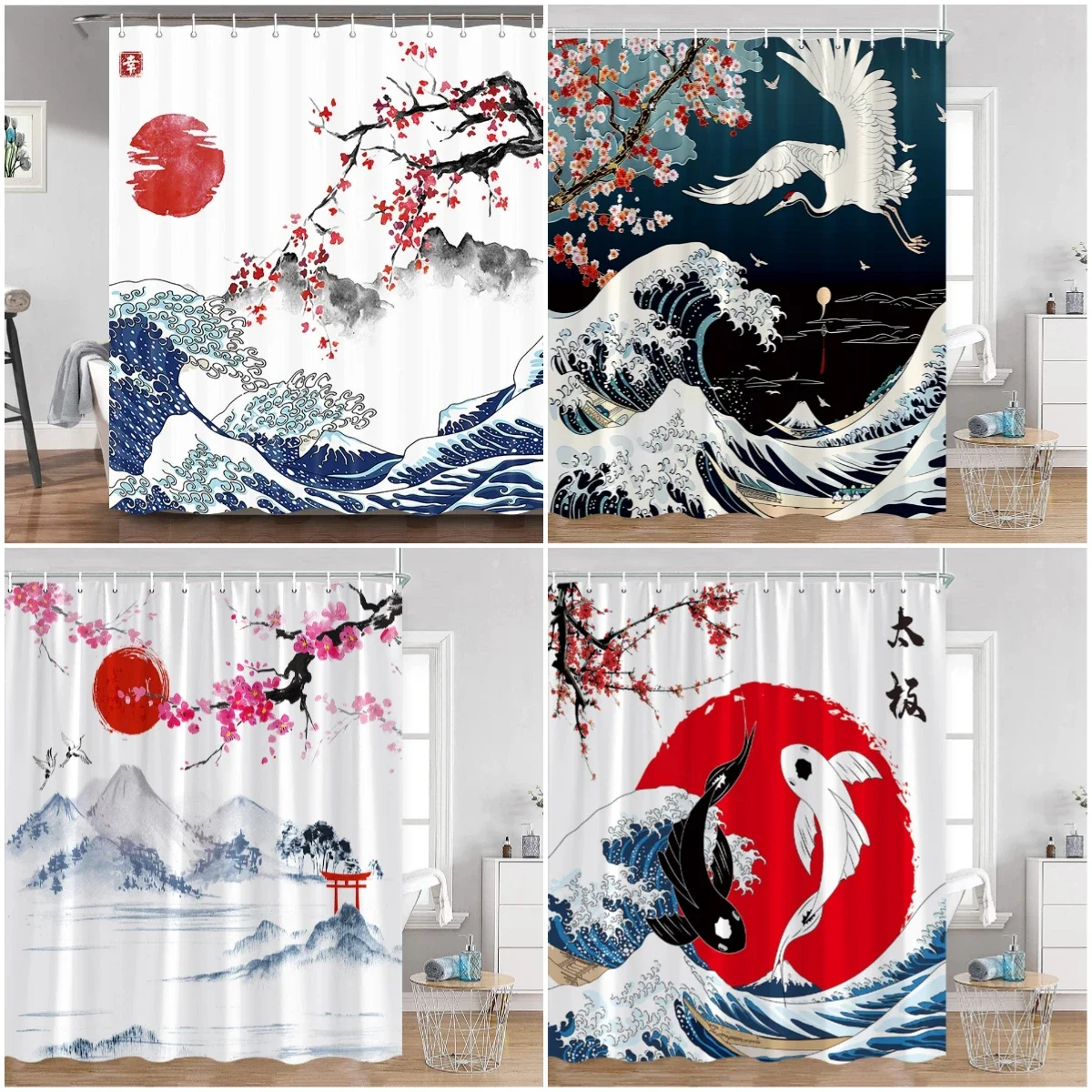 

Japanese Shower Curtains Great Waves Mount Fuji Janpan Shrine Cranes Sakura Blossom Home Decorations for Bathroom Bath Curtains