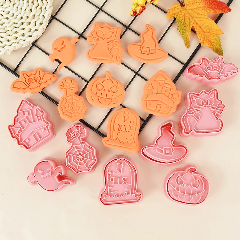 8Pcs Halloween Cookie Cutters Cartoon Pumpkin Ghost Cat Pressable Biscuit Stamp Mold Halloween DIY Baking Cake Decorating Tools