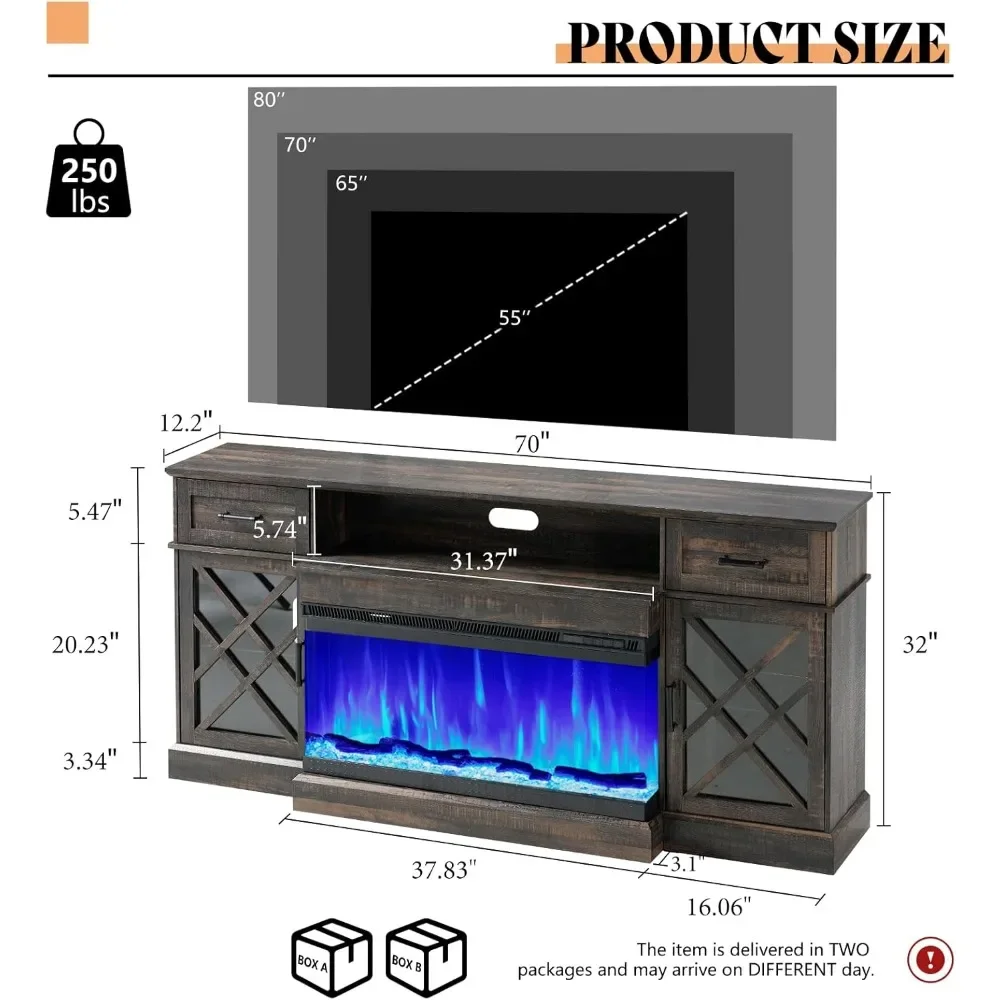 Farmhouse LED Fireplace TV Stand with 3-Sided Glass Fireplace, 70