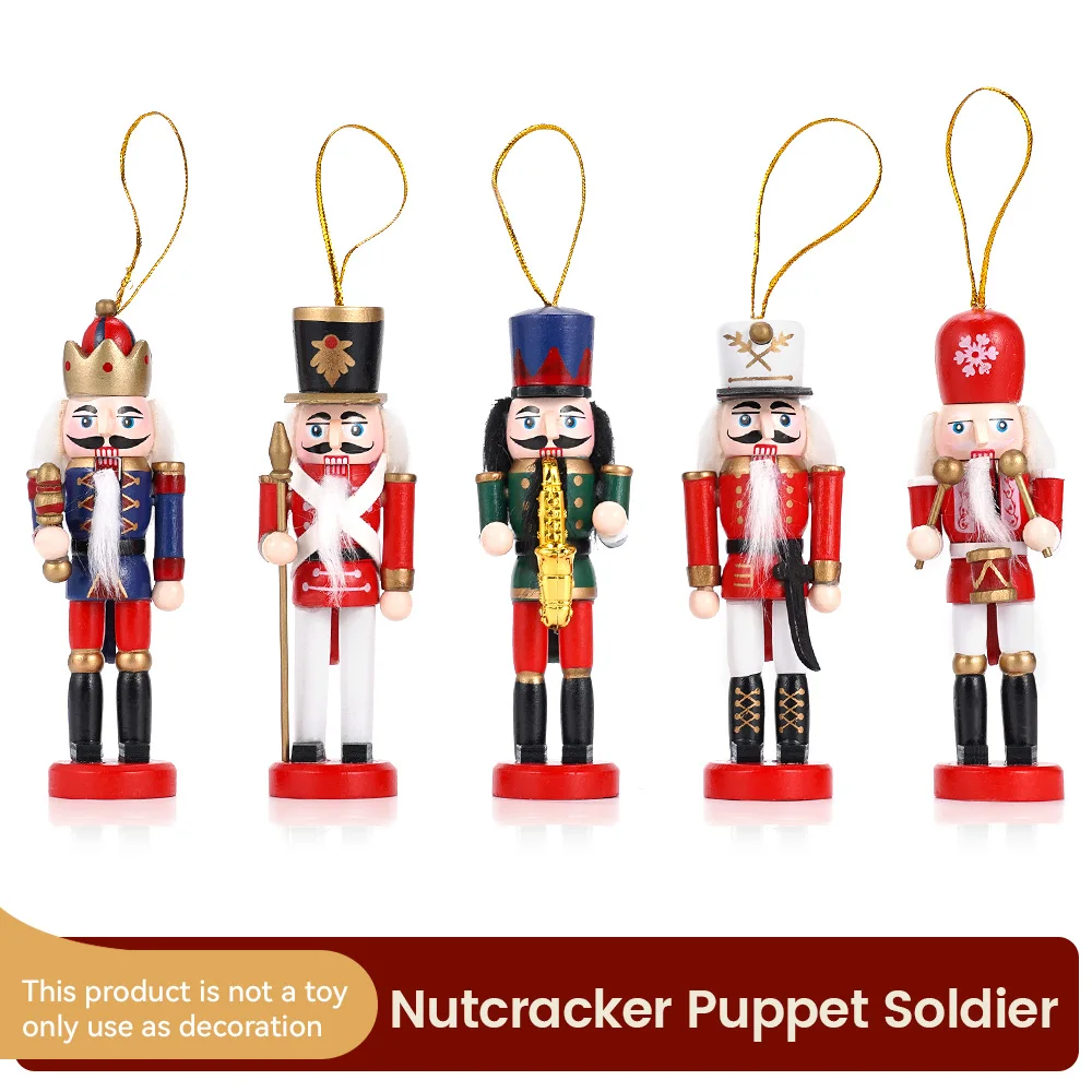 5Pcs/Set Wooden Nutcracker Soldier Puppet Christmas Tree Pendant Desktop Ornament Handicraft Doll Toy New Year Home Decoration