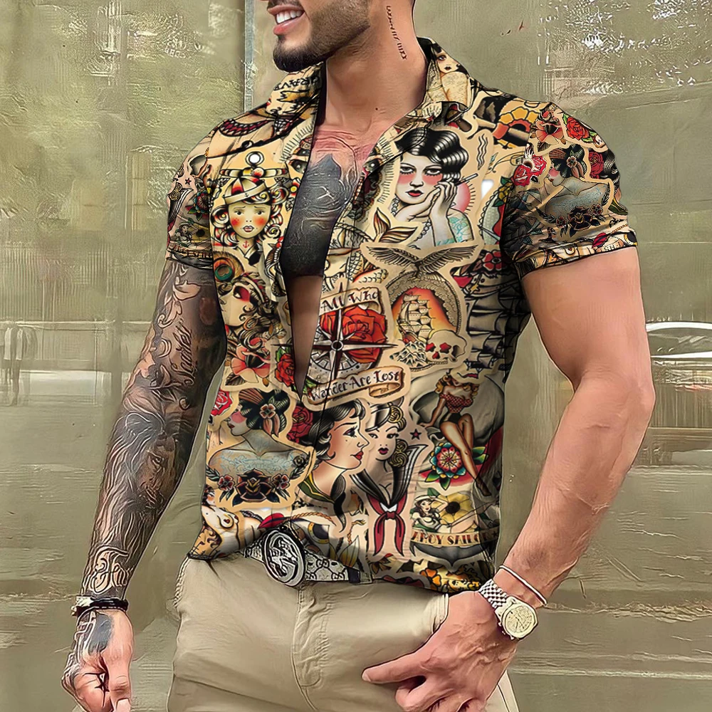 Summer Tattoo Shirt Hawaiian Shirts For Men Brand Short Sleeve Tops Tees Casual Men\'s Blouse Fashion Camisas De Hombre Clothing