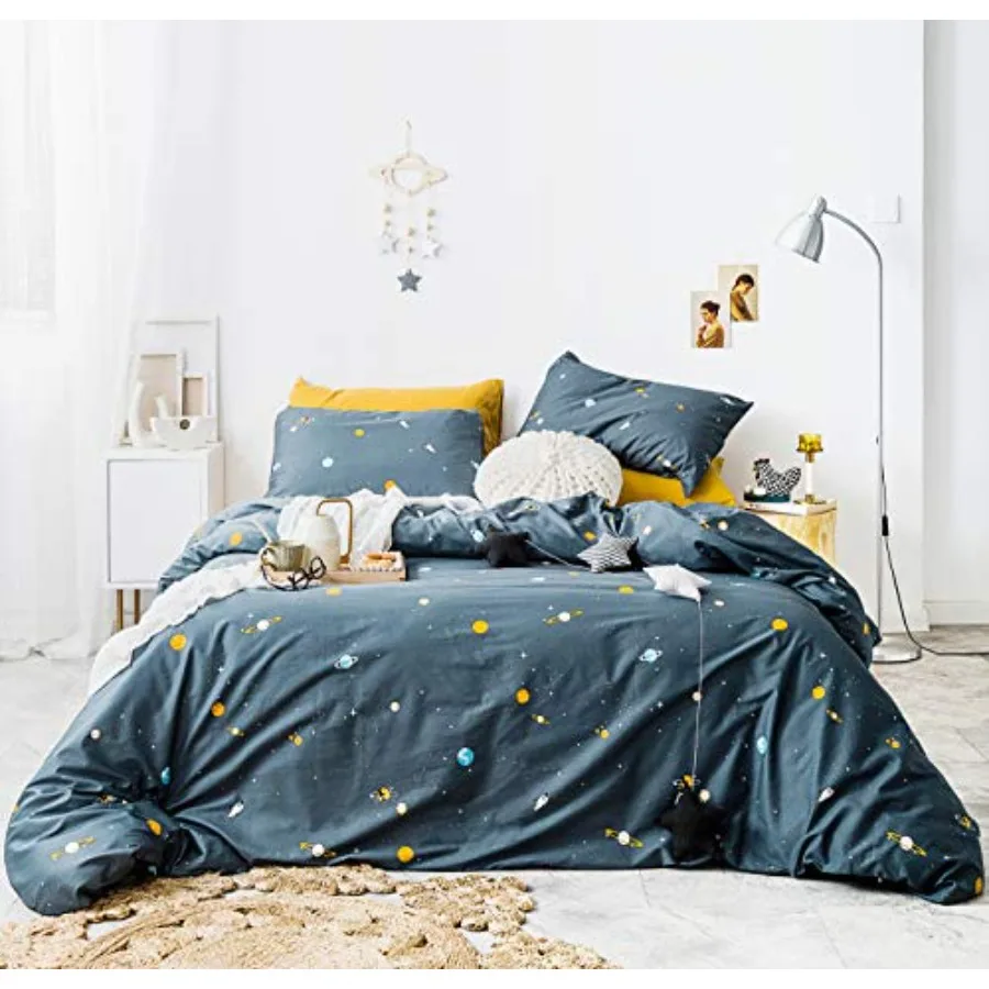 Juego de Funda Nórdica Teal Universe 100% Algodón, 3 Piezas, 1 Funda Nórdica Moderna con Diseño de Planeta Celestial Amarillo con Cierre de Cremallera y 2 Fundas de Almohada Azules
