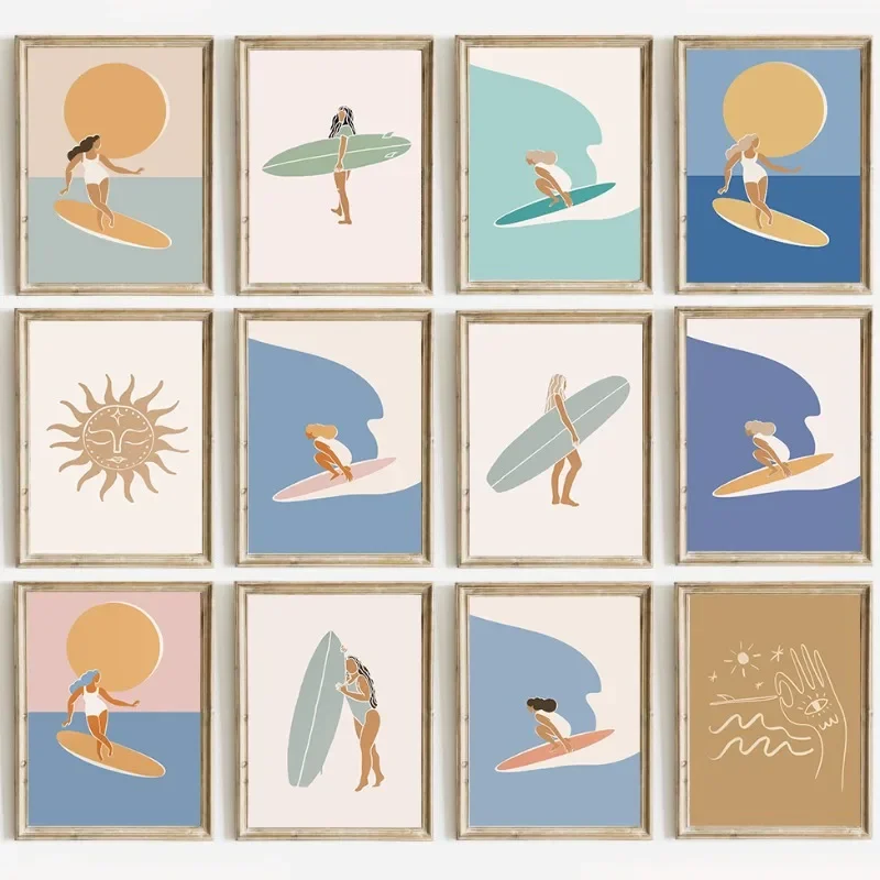 (No frame)Póster de arte de surf minimalista elegante de chica surfista con tabla de surf, impresión de océano de playa para