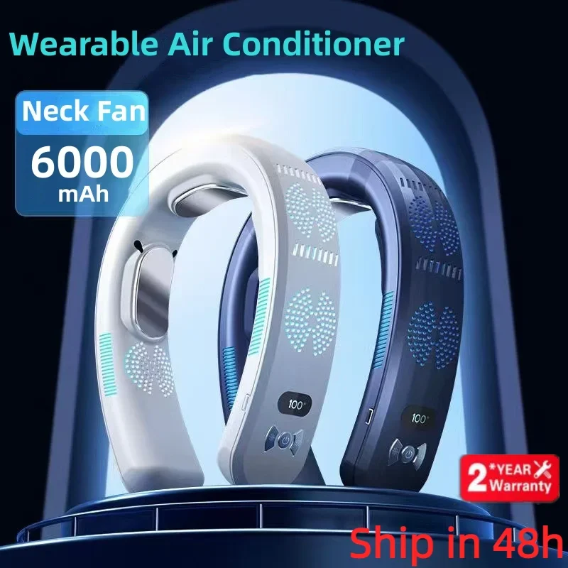 Portable Neck Fan Mini Air Conditioner Cooler Bladeless Fan 6000/10000mAh USB Rechargeable Hanging Cooling Heating Wearable Fans
