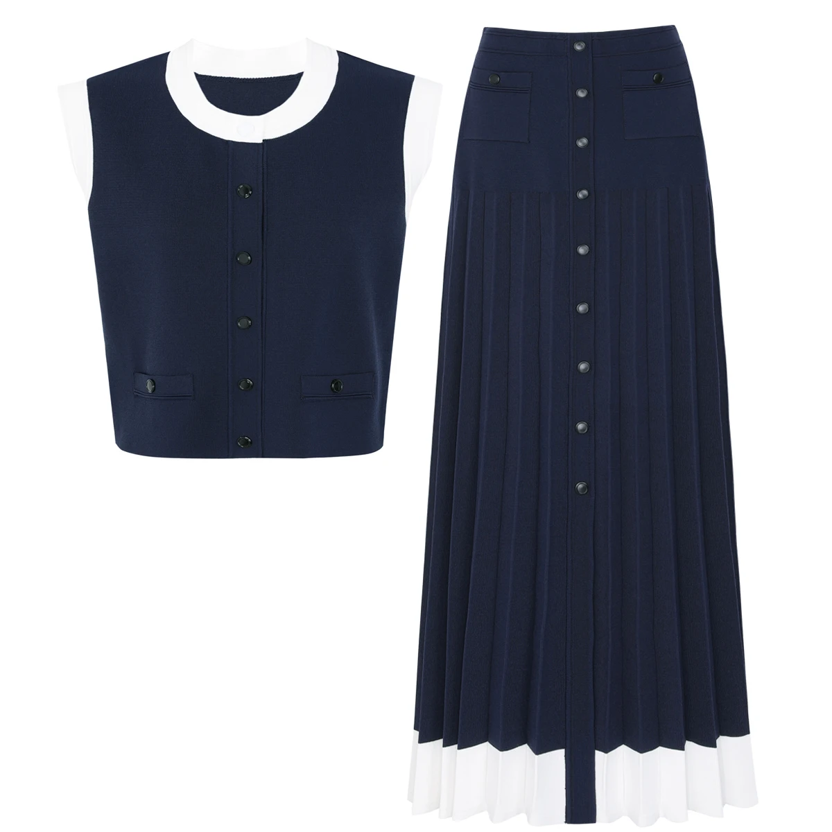 High Quality Spring And Summer New Fashionable Color Blocked Knitted Sleeveless Vest+pleated Long Skirt Women's Suit