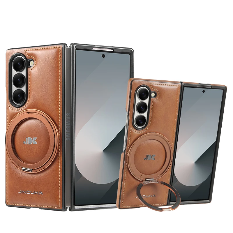 

Luxury Leather Pattern Magnetic Stand Case For Samsung Galaxy Z Fold 7 6 5 4 3 ZFold 6 Solid Color Protective Full Logo Cover