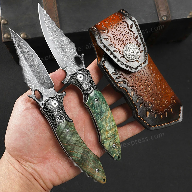 High-quality Damascus steel folding knife with stable wood handle, suitable for outdoor camping, hunting, and EDC pocket use.