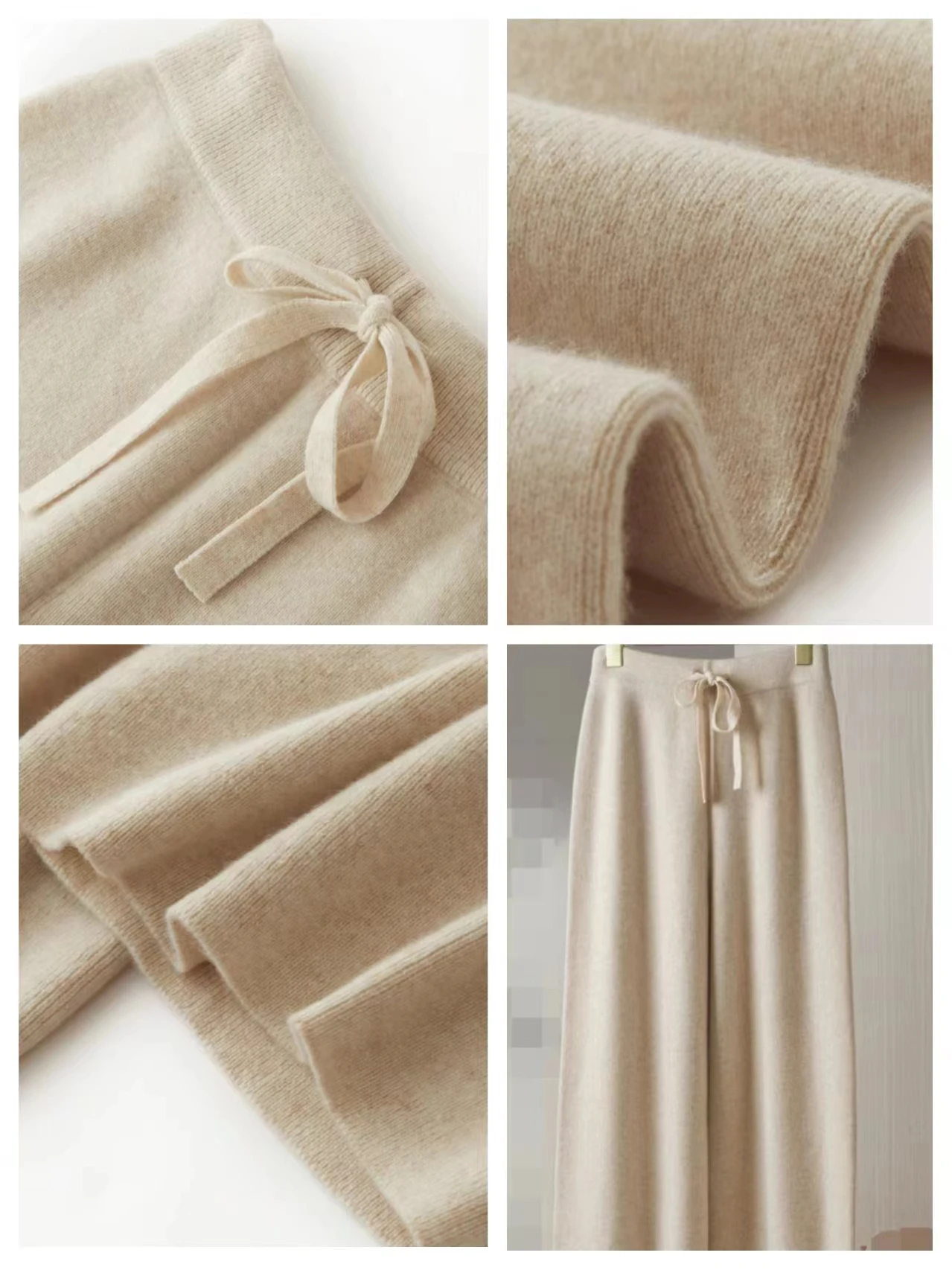 

Autumn Winter Women High Waist Wool Wide Leg Pants Solid Soft Warm 100% Merino Wool Knitted Trousers Belt Casual Korean Fashion