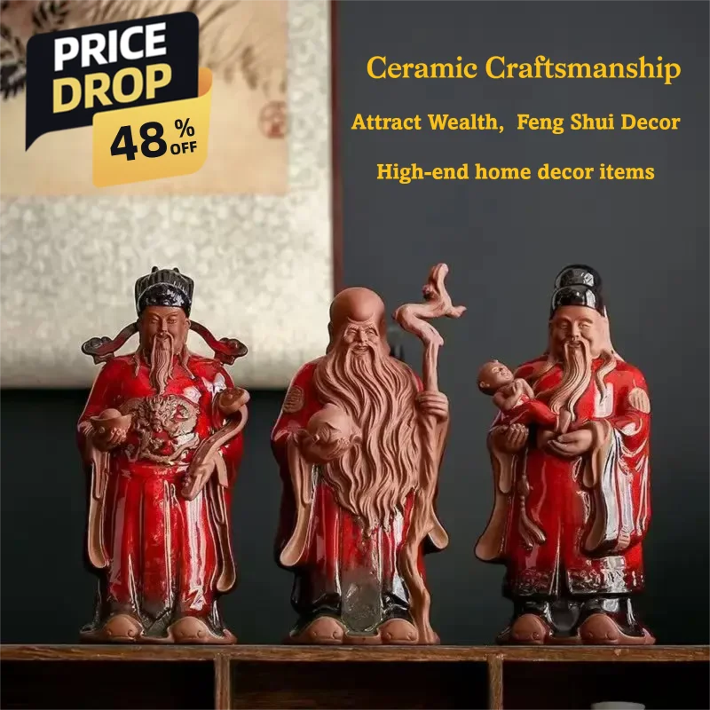 Ceramics Fu Lu Shou Figure Statue -Buddha of God of Wealth-Home Features Living Room, Office Decoration Statues