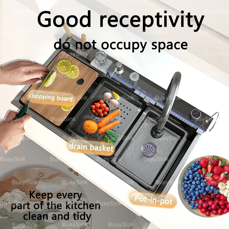 حوض مطبخ شلال من الفولاذ المقاوم للصدأ، وعاء واحد كبير جدًا، شاشة ديجيتال، أحواض غسيل الأطباق متعددة الوظائف #2