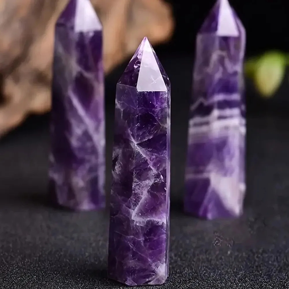 Natural Hexagonal Amethyst Crystal Tower Wand, Reiki Healing Quartz Point, Feng Shui Home Decor Gemstone Energy Ornament
