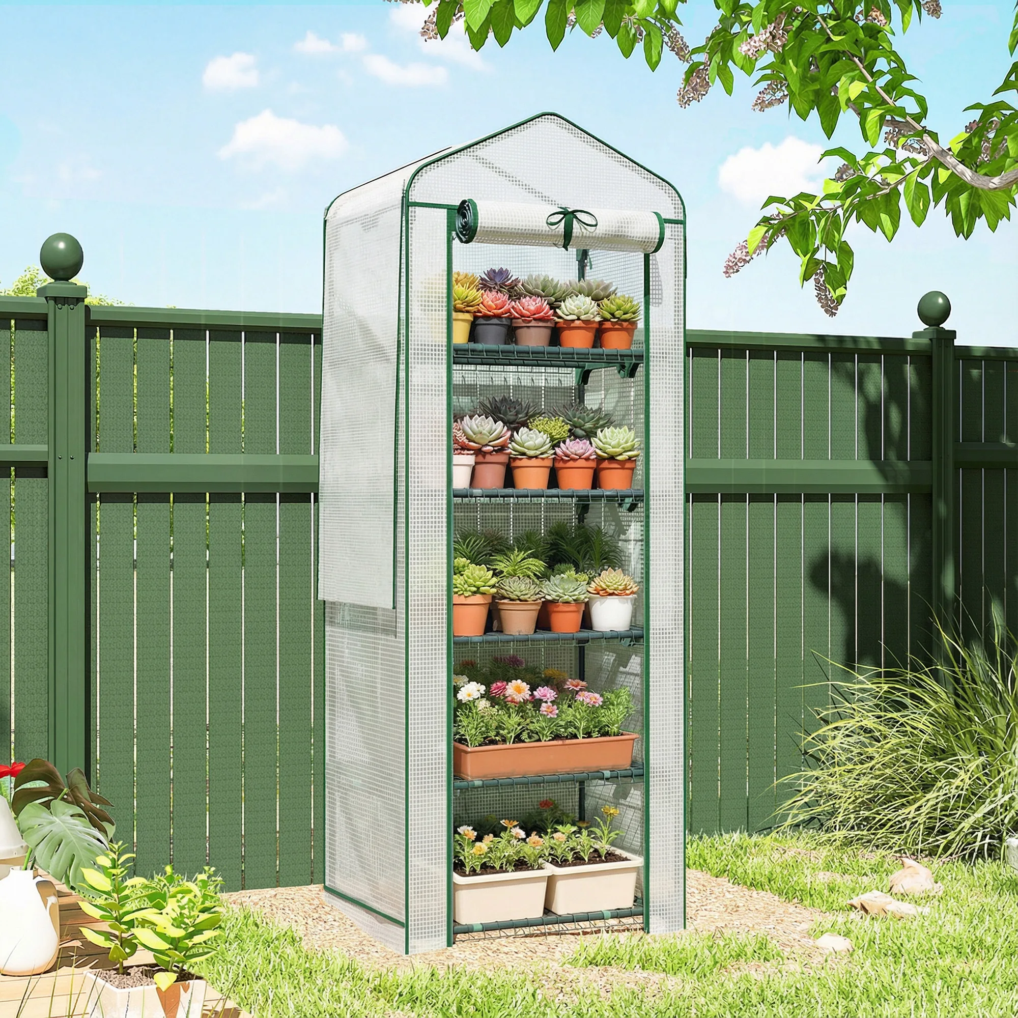 5 Tier Mini Greenhouse w/ Screen Roof, Reinforced PE Cover, White