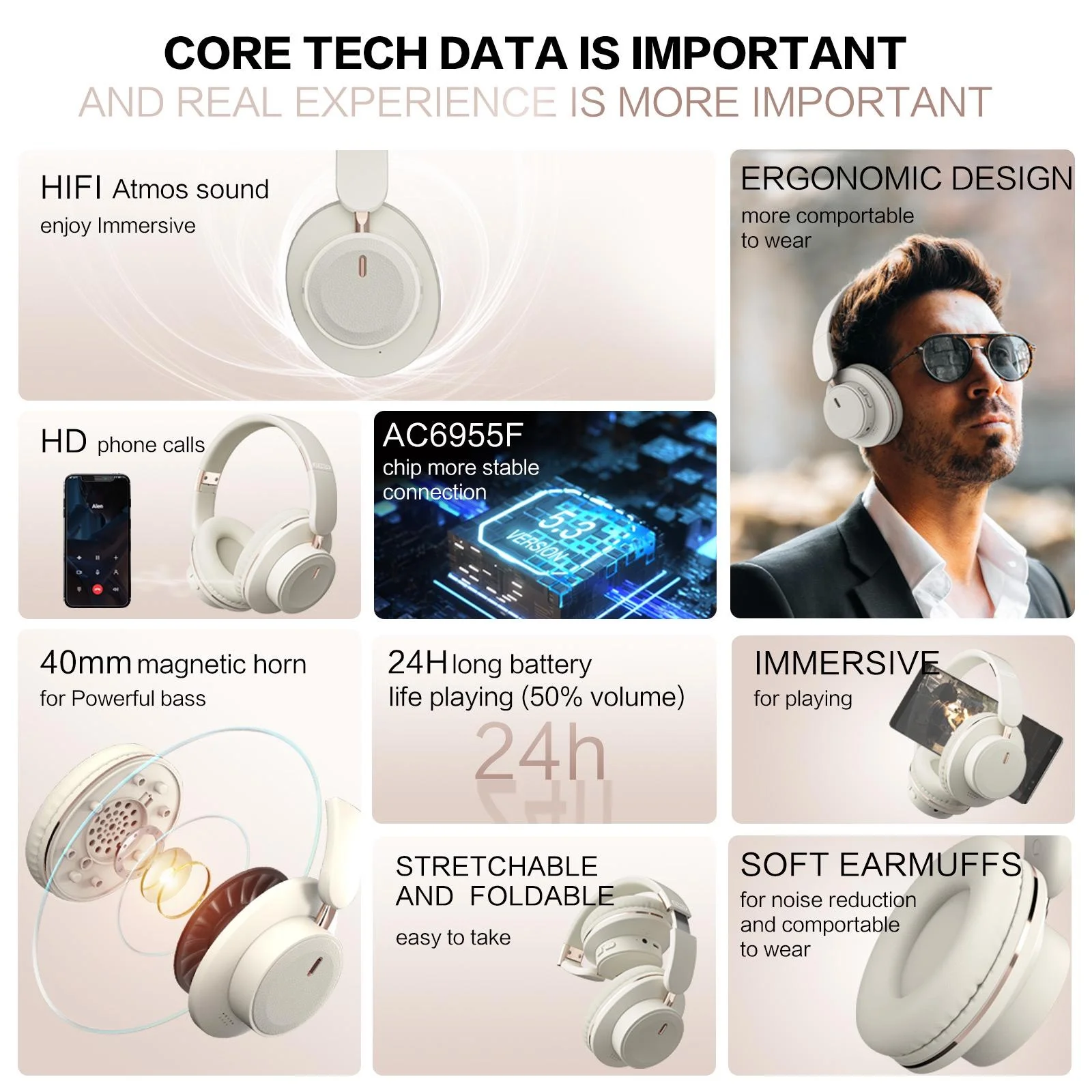 Bluetooth Headphones Wireless Headset Over Ear Foldable Portable Fashion Aesthetic Hi Fi Stereo Sound BT 5.3 Dual Mode Connectivity 24H Battery Fast Charging For Travel Gaming Music Streaming Photographers Students Commuters Aesthetic Accessories