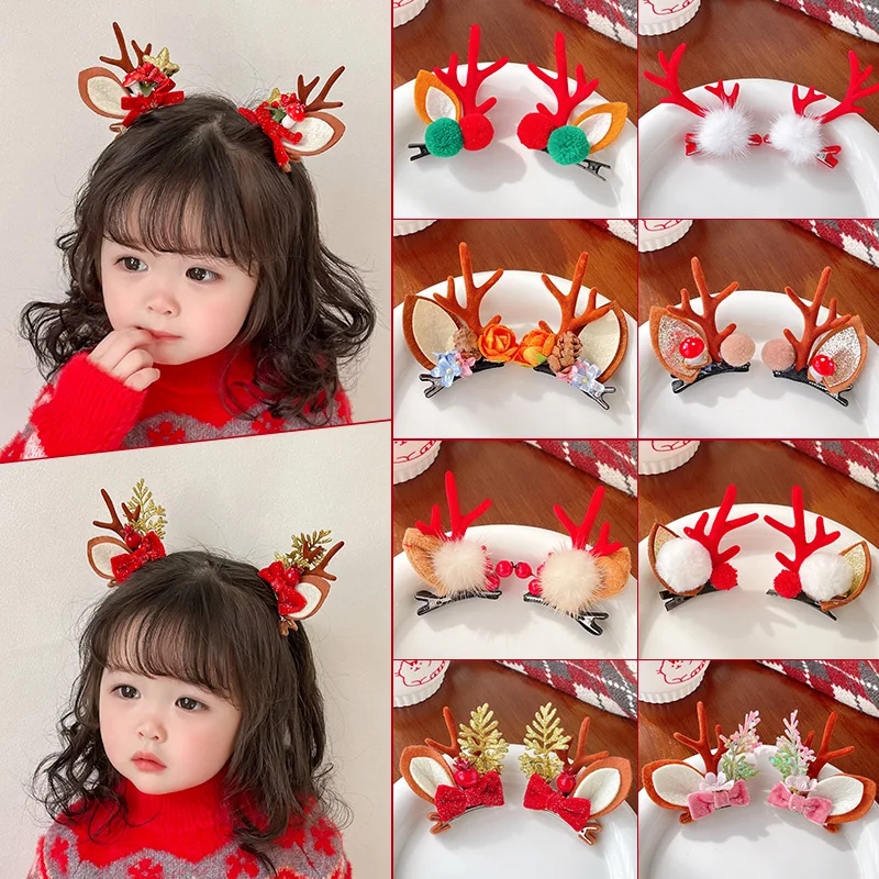 

2pcs/set Kids Cartoon Christmas Elk Antler Hairpins Girl Cute Deer Ear Side Hair Clips Christmas Party Cosplay Decorative Props