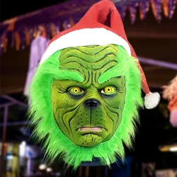 Chirstmas Halloween Mask, Thief Green Furry Latex Mask Funny Props Horror Atmosphere Masquerade Mask, Happy Party Cosplay Props