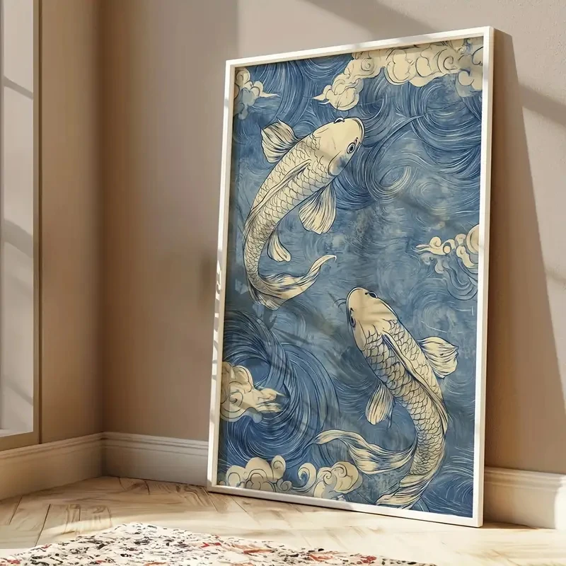 فن قماش كوي الياباني الأزرق القديم، ديكور جداري بسيط، تصميم موجة سحابة، ديكور منزلي جمالي حديث #2