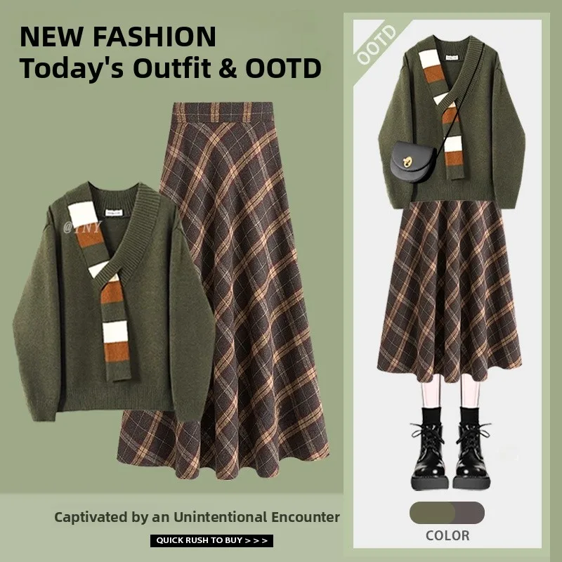 Herfst Winter Dames Zoet Ontwerp V-hals Gebreide Trui Geruite Rok Tweedelige Set Hoge Taille Midi Rok Trendy Sle